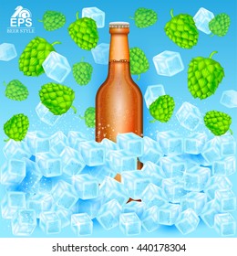 Realistic brown bottle of beer stand in ice cubes among hop cones on blue background