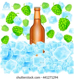 Realistic brown bottle of beer stand in ice cubes among flying hop cones on white