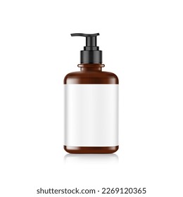 Realistic brown bottle with black dispenser mockup. Vector illustration isolated on white background. Perfect for the presentation of cream, tonic, soap disinfectant, etc. EPS10.