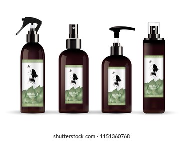 Realistic brown bottle for cosmetic cream container. 
Spray bottle. Tube for ointment, lotion, balsam. Mock up jar.
Liquid soap pump bottle. Balsam, with design label. 
with green leaves label. Eps 10