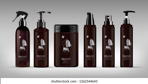 Realistic brown bottle for cosmetic cream container. 
Spray bottle. Tube for ointment, lotion, balsam. Mock up bottle. 
Liquid soap pump bottle. Gel, balsam, with design label. 