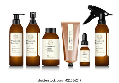 Realistic brown bottle for cosmetic cream container. Spray bottle. Tube for ointment, lotion, balsam. Mock up bottle. Soap pump bottle. Gel, balsam, with design label. Cosmetic products package.