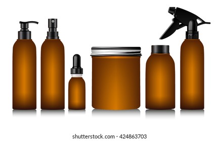 Realistic brown bottle for cosmetic cream container. Spray bottle. Tube for ointment, lotion, balsam. Mock up bottle. Soap pump bottle. Gel, balsam, without design label. Cosmetic products package.