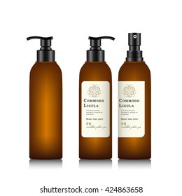 Realistic brown bottle of liquid soap. Cosmetic bottle for a cream, shampoo, oil, gel, soap. Mock up bottle. Label for container. Batcher. Balsam bottle with design label, sticker.