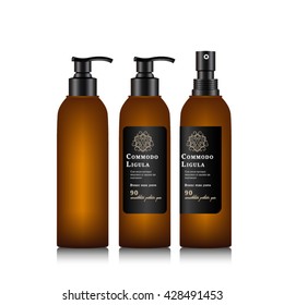 Realistic brown bottle of liquid soap. Cosmetic bottle for a cream, shampoo, oil, gel, soap. Mock up bottle. Label for container. Batcher. Balsam bottle with design label, sticker.