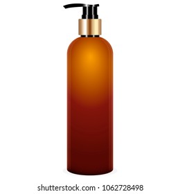 Realistic brown bottle with pump of liquid soap vector illustration. Cosmetic bottle for a cream, shampoo, oil, gel, soap. Mock up bottle.