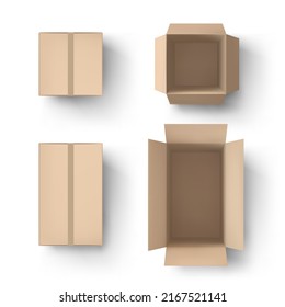 Realistic brown box. Open and close parcel, cardboard packaging and delivery boxes top view 3D mockup vector set. Illustration of cargo realistic package