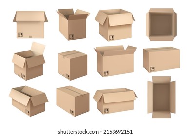 Realistic brown box. Postal packaging open boxes, shipping cardboard containers and delivery mockup vector set. Closed recycling cartons with adhesive tape for shipment and transportation