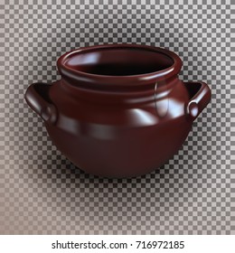 A realistic brown clay pot on an isolated transparent background. Design element for games, eco style and Happy Halloween greeting card template. 3D mesh vector.