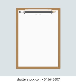 Realistic brown clipboard with a few sheets of paper and pencils. Templates of corporate identity. Vector illustration EPS 10. 