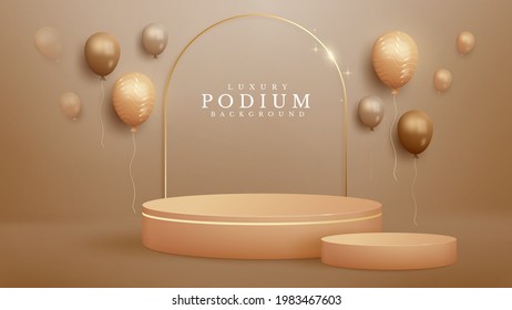 Podio de producto de color marrón realista con brillo de línea de curva dorada y globo. Un concepto de fondo de lujo de estilo 3d. Ilustración vectorial para la promoción de ventas y marketing.