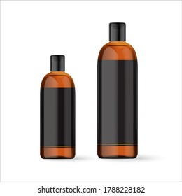 Realistic brown cosmetic bottles and black label white background  Cosmetic containers   tubes for cream  shampoo  gel  balsam  conditioner  soap  etc  3d Vector Illustration