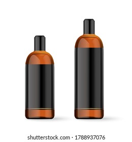 Realistic brown cosmetic bottles with label on white background. Cosmetic containers and tubes for cream, shampoo, gel, balsam, conditioner, soap, ointment, toothpaste, lotion etc. Vector Illustration