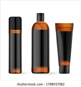 Realistic brown cosmetic bottles with label on white background. Cosmetic containers and tubes for cream, shampoo, gel, balsam, conditioner, soap, ointment, toothpaste, lotion etc. Vector Illustration