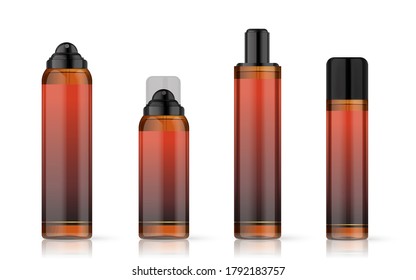Realistic brown cosmetic bottles with label on white background. Cosmetic containers and tubes for cream, shampoo, gel, balsam, conditioner, soap, ointment, toothpaste, lotion etc. Vector Illustration