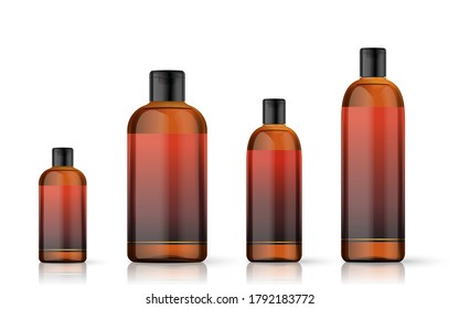 Realistic brown cosmetic bottles with label on white background. Cosmetic containers and tubes for cream, shampoo, gel, balsam, conditioner, soap, ointment, toothpaste, lotion etc. Vector Illustration