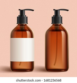 Realistic brown cosmetic bottles on peach pink background, one with white blank label and one without, 3d illustration