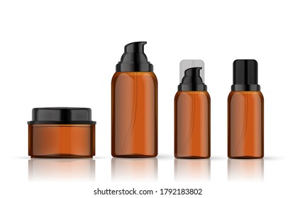 Realistic brown cosmetic bottles on white background. Cosmetic containers and tubes for cream, shampoo, gel, balsam, conditioner, soap, ointment, toothpaste, lotion etc. Vector Illustration