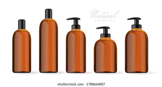 Realistic brown cosmetic bottles set on white background. Cosmetic containers and tubes for cream, shampoo, gel, balsam, conditioner, soap, ointment, toothpaste, lotion etc. Vector Illustration