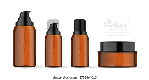 Realistic brown cosmetic bottles set on white background. Cosmetic containers and tubes for cream, shampoo, gel, balsam, conditioner, soap, ointment, toothpaste, lotion etc. Vector Illustration