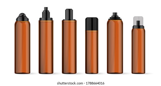 Realistic brown cosmetic bottles set on white background. Cosmetic containers and tubes for cream, shampoo, gel, balsam, conditioner, soap, ointment, toothpaste, lotion etc. Vector Illustration