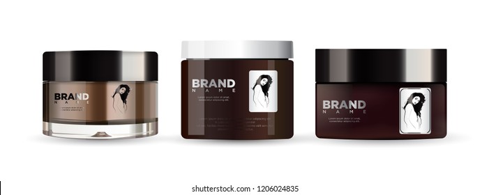 Realistic brown cosmetic set mockup with white and black lid.
With a label depicting a beautiful girl. EPS 10.