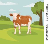 realistic brown cow. dairy cattle. Swiss Brown, Ayrshire, Holstein, Milking White and Brown horns, Guernsey and Jersey Cow. Cow, hills and meadows. Pasture fields, green grass. rural landscape. Vector