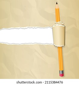 Realistic brown crumpled paper with rolled edge and yellow pencil