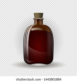 Realistic brown dark bottle for alcohol with cork. On a transparent background. isolate.