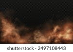 Realistic brown or dark red fog or smoke on dark transparent background with fire flares. Sand storm, smog mist, explosion effect. Realistic ash, border with fog.