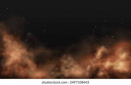 Realistic brown or dark red fog or smoke on dark transparent background with fire flares. Sand storm, smog mist, explosion effect. Realistic ash, border with fog.