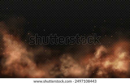 Realistic brown or dark red fog or smoke on dark transparent background with fire flares. Sand storm, smog mist, explosion effect. Realistic ash, border with fog.