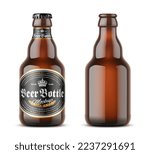 Realistic brown full and empty beer bottles mockup with black metal cap and labels isolated on white background. Template  for advertising design. Vector illustration