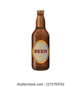 Realistic brown glass beer bottle with label. Vector illustration isolated on white background