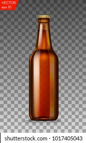 Realistic brown glass beer bottles with drink isolated on a transparent background. Vector illustration. Template blank for product packing advertisement.