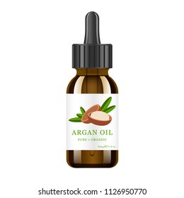 Realistic brown glass bottle with argan extract. Beauty and cosmetics oil - argan. Product label and logo template. Isolated vector illustration