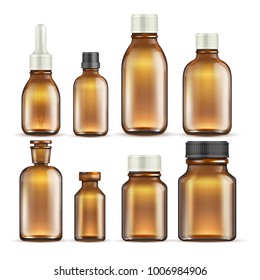 Realistic Brown Glass Medicine And Cosmetic Bottles, Medical Packaging Isolated Vector Set. Illustration Of Bottle Glass Container Medical Drug