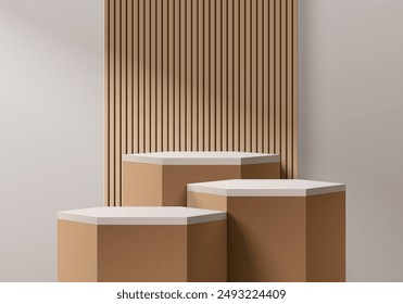 Realistic brown, gray 3D hexagon podium set with wooden slats on wall scene. Minimalist 3D mockup abstract cosmetic product display presentation, Stage for showcase. Platforms vector geometric design.