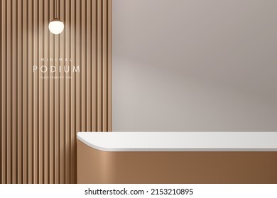 Realistic brown and gray 3D round cube podium with ball neon lamp and vertical line wood texture. Abstract minimal scene for mockup products, stage showcase, promotion display. Vector geometric forms.