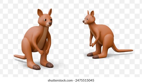 Realistic brown kangaroo, view from different sides. Natural emblem of Australia