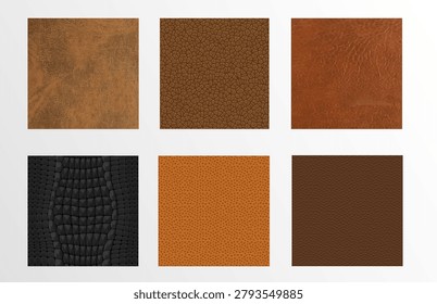 Realistic brown leather samples set on white background. Vector realistic illustration of vintage patches made of natural or faux material, genuine surface, snakeskin emboss, fashion pattern