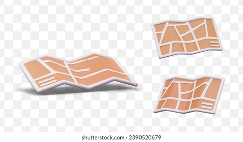 Realistic brown map with street markings. Set of vector folded paper maps. Location search, news, local orientation. GPS service. Templates for web design