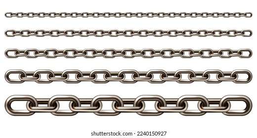 Realistic brown metal chain with old rusty links isolated on white background. Heavy steel chain for industrial use. Vector illustration