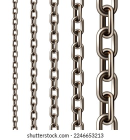 Realistic brown metal chain with old rusty links isolated on white background. Heavy steel chain for industrial use. Vector illustration