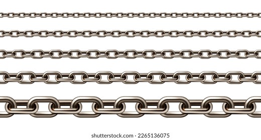 Realistic brown metal chain with old rusty links isolated on white background. Heavy steel chain for industrial use. Vector illustration