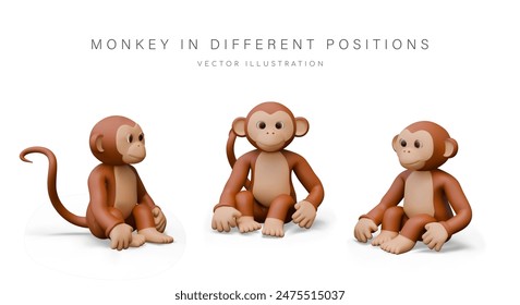Mono marrón realista en diferentes posiciones. Macaco divertido en estilo de dibujos animados