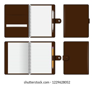 Realistic brown notebook mockup for branding and corporate identity. Notepad with pencil and pen isolated vector illustration on white background