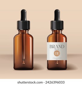 Realistic brown oil bottle cosmetic, isolated product, packaging mockup, pastel background, vector