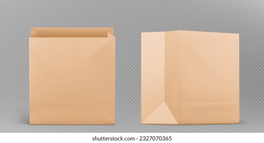 Realistic brown paper bag mockups isolated on transparent background. Vector illustration of open craft package with blank surface ready for branding, eco wrap for takeaway food, lunch meal, snack