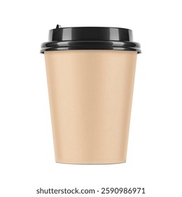 Realistic brown paper cup mockup with plastic lid. Coffee to go, take out mug. Vector illustration isolated and can be use for any backgrounds. EPS10.